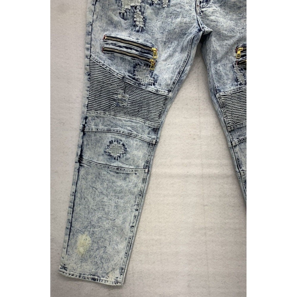 Makobi Denim Jeans Men's 40X32 Stonewash Moto Biker Factory Distressed Destroyed - Picture 12 of 16